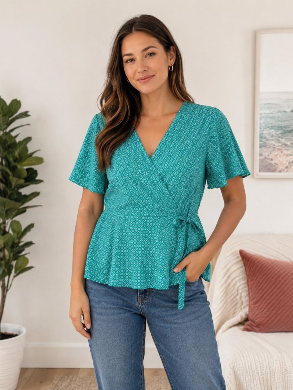 Meraki Teal Geometric Wrap Peplum Blouse Tie Waist Flutter Sleeve XL